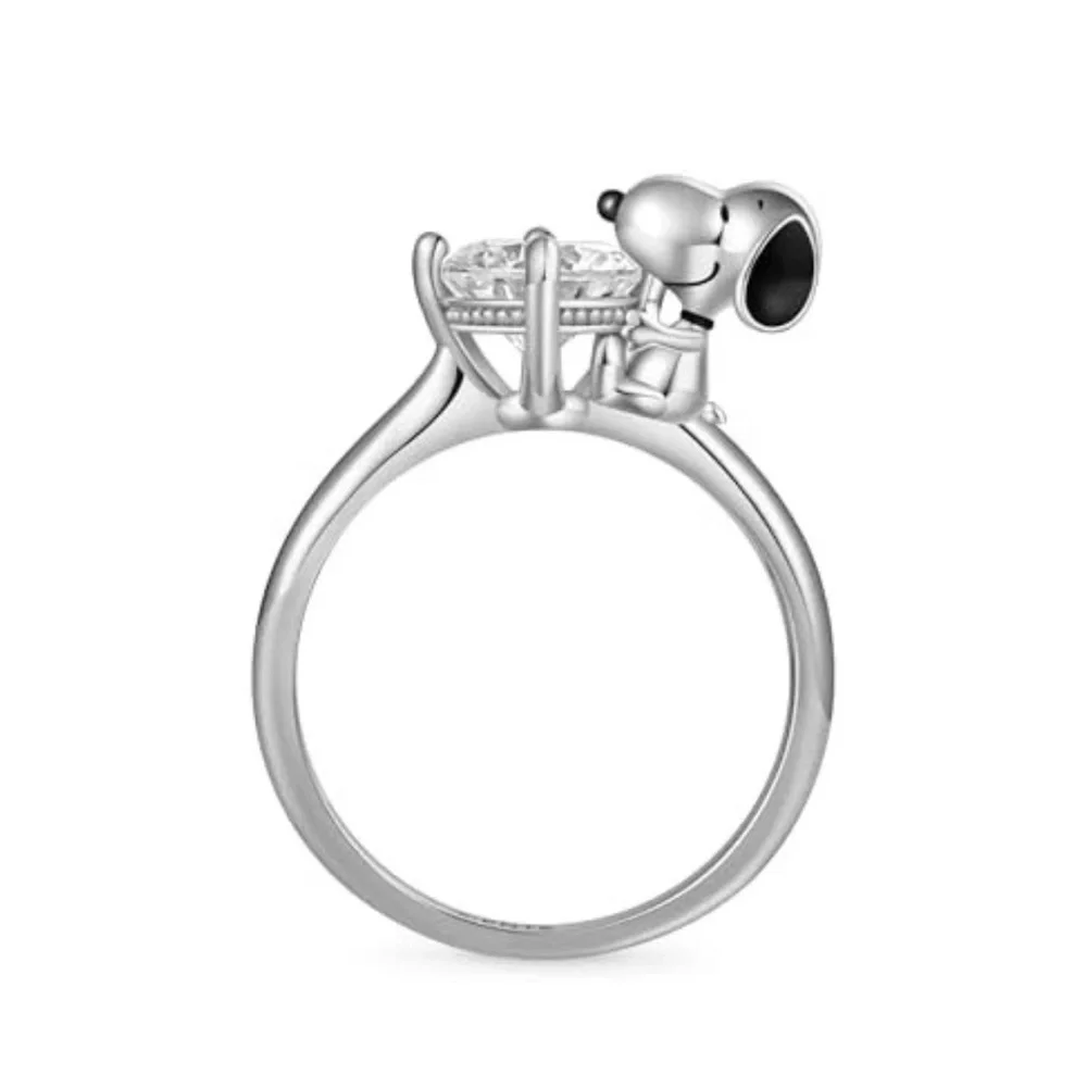 RESTOCKED 925 Sterling Silver Peanuts Snoopy Hugging Diamond Solitaire Ring - Picture 4 of 6